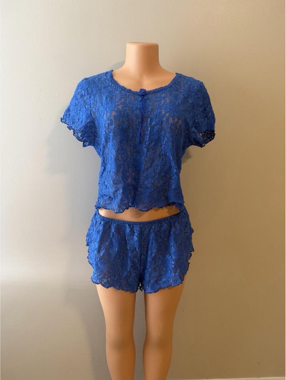 Intimate Moods Blue Lace Floral Pajama Set XL Crew Neck Bow Accent 100% Nylon